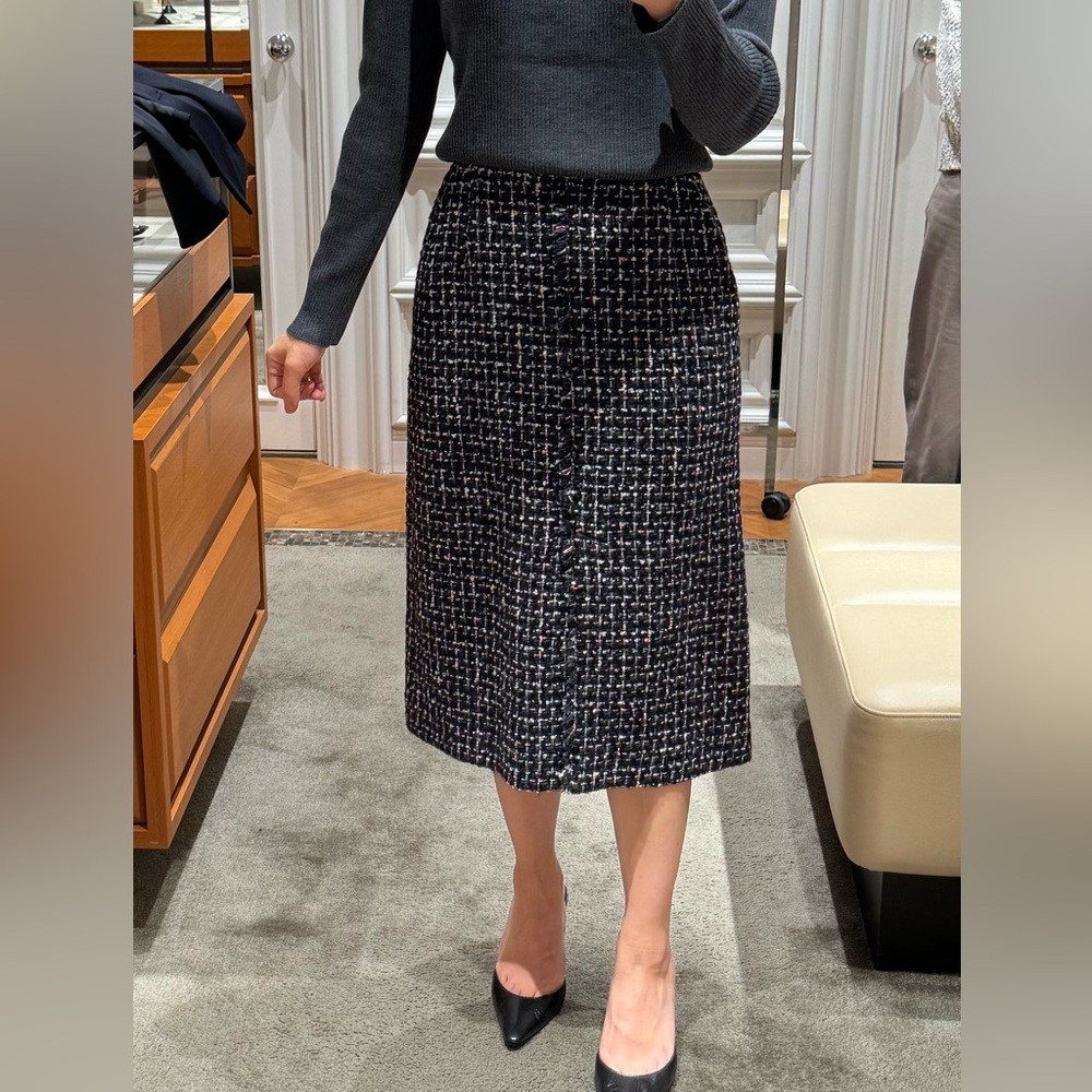 ANAYI Japan Navy, White and Pink Tweed Skirt - Front Slit and Side Pockets EU 34